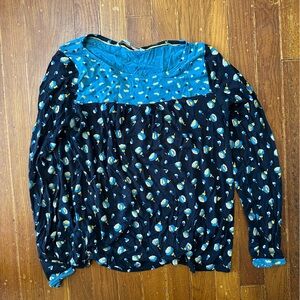 Boden Teal and Black Leaf Print Top
